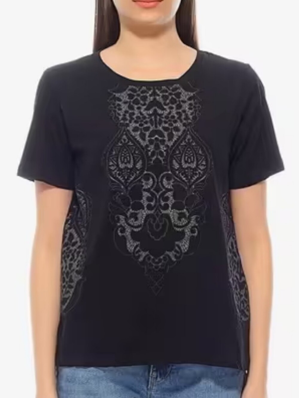 Zara Black Lace Design Cutout See-Thru T-shirt, Size Small